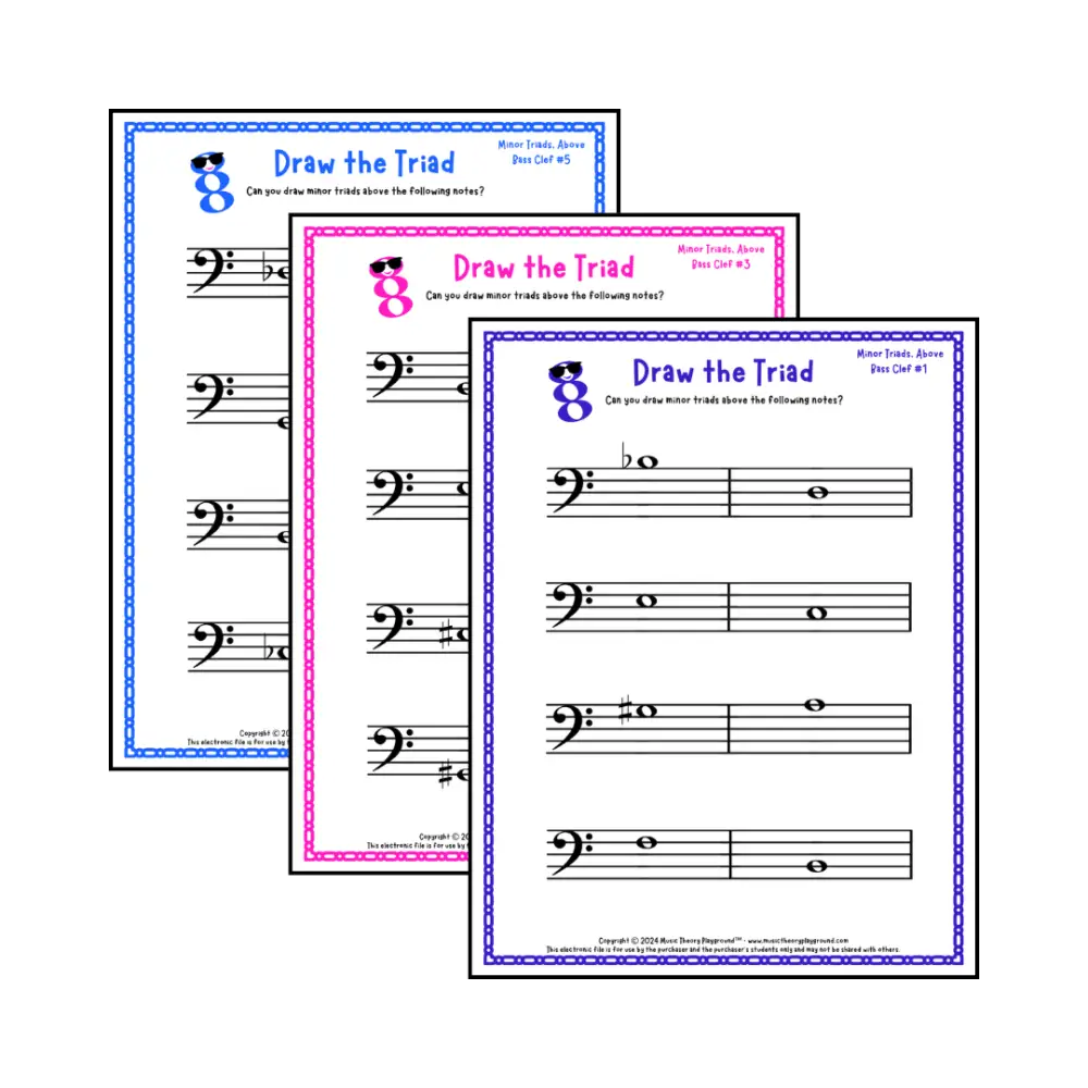 Bass clef minor triad music worksheets - printable PDFs