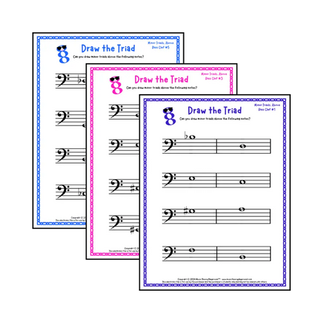 Bass clef minor triad music worksheets - printable PDFs