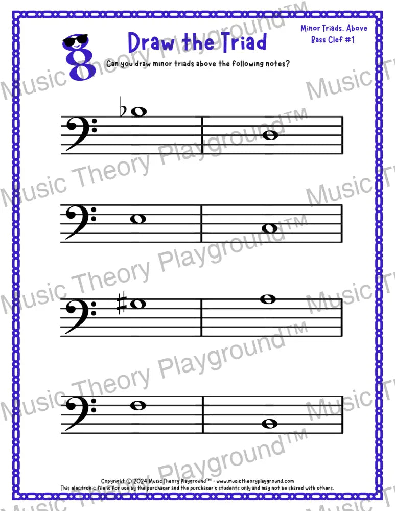 Bass clef minor triad music worksheet - printable PDF