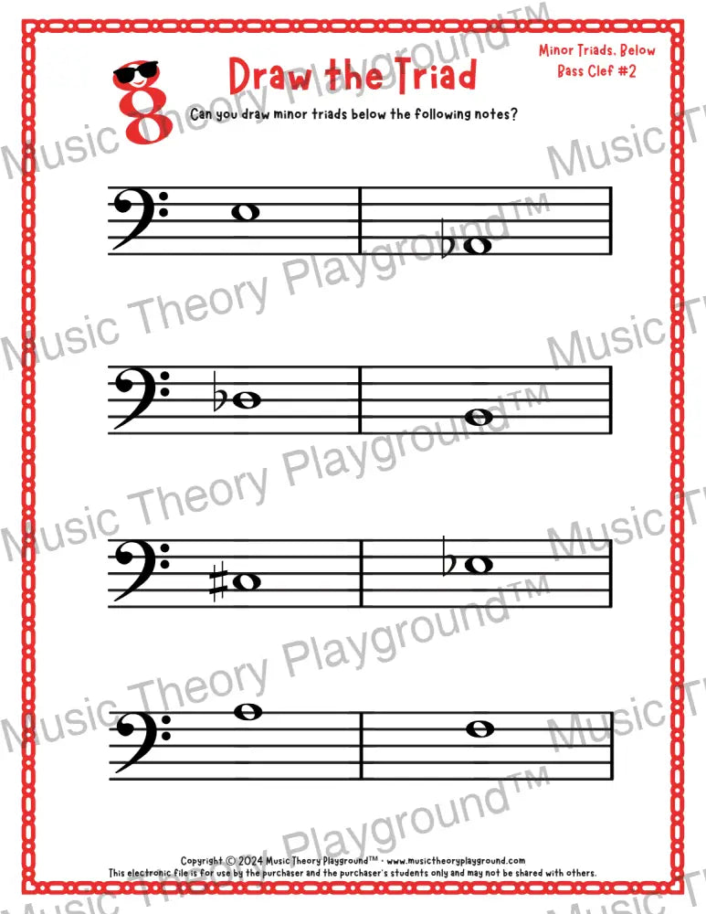 Bass clef minor triad music worksheet - printable PDF