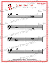 Bass clef minor triad music worksheet - printable PDF