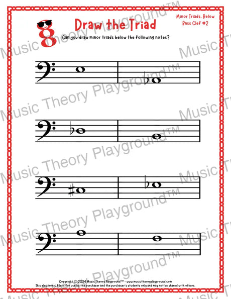 Bass clef minor triad music worksheet - printable PDF