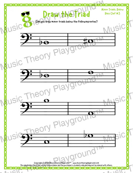 Bass clef minor triad music worksheet - printable PDF