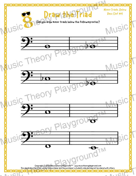 Bass clef minor triad music worksheet - printable PDF