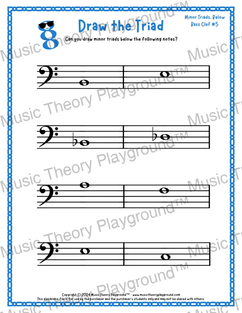 Bass clef minor triad music worksheet - printable PDF