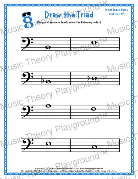 Bass clef minor triad music worksheet - printable PDF