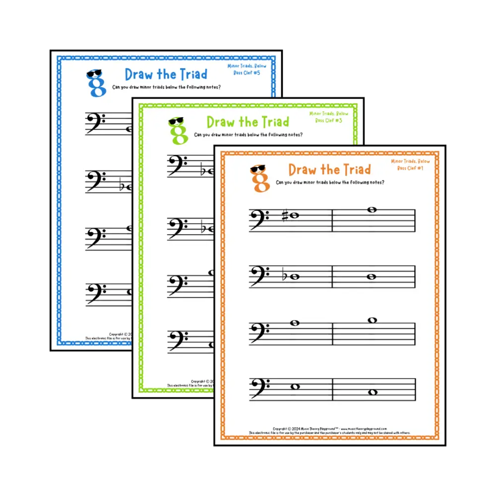Bass clef minor triad music worksheets - printable PDFs