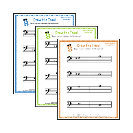 Bass clef minor triad music worksheets - printable PDFs