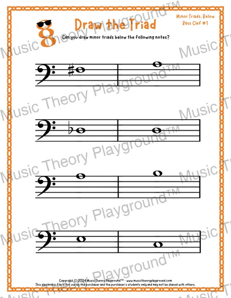 Bass clef minor triad music worksheet - printable PDF