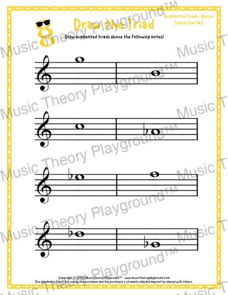 Treble clef augmented triad music worksheet - printable PDF