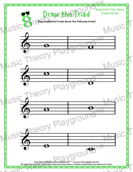 Treble clef augmented triad music worksheet - printable PDF