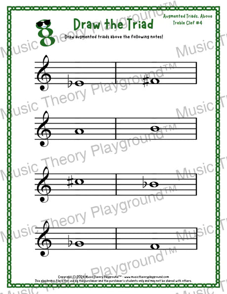 Treble clef augmented triad music worksheet - printable PDF
