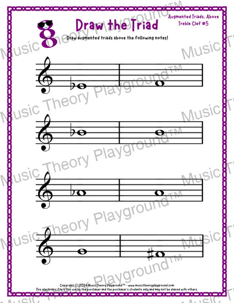 Treble clef augmented triad music worksheet - printable PDF