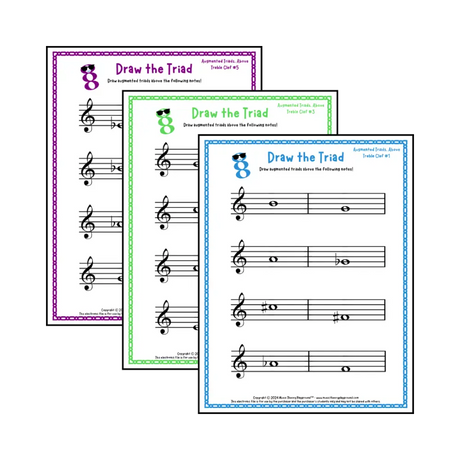 Treble clef augmented triad music worksheets - printable PDFs