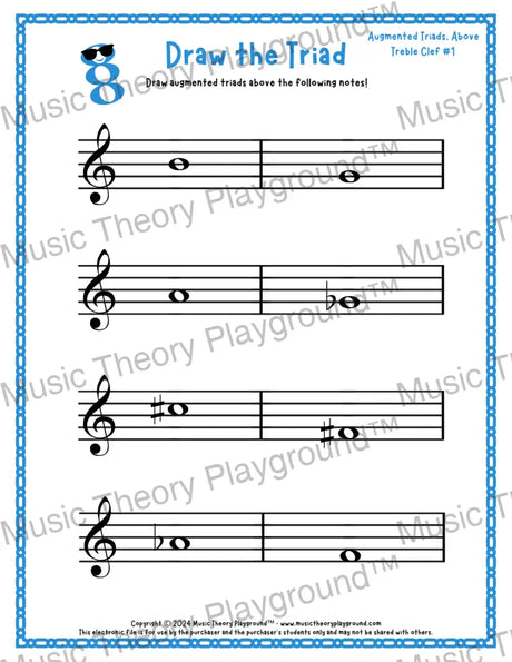 Treble clef augmented triad music worksheet - printable PDF