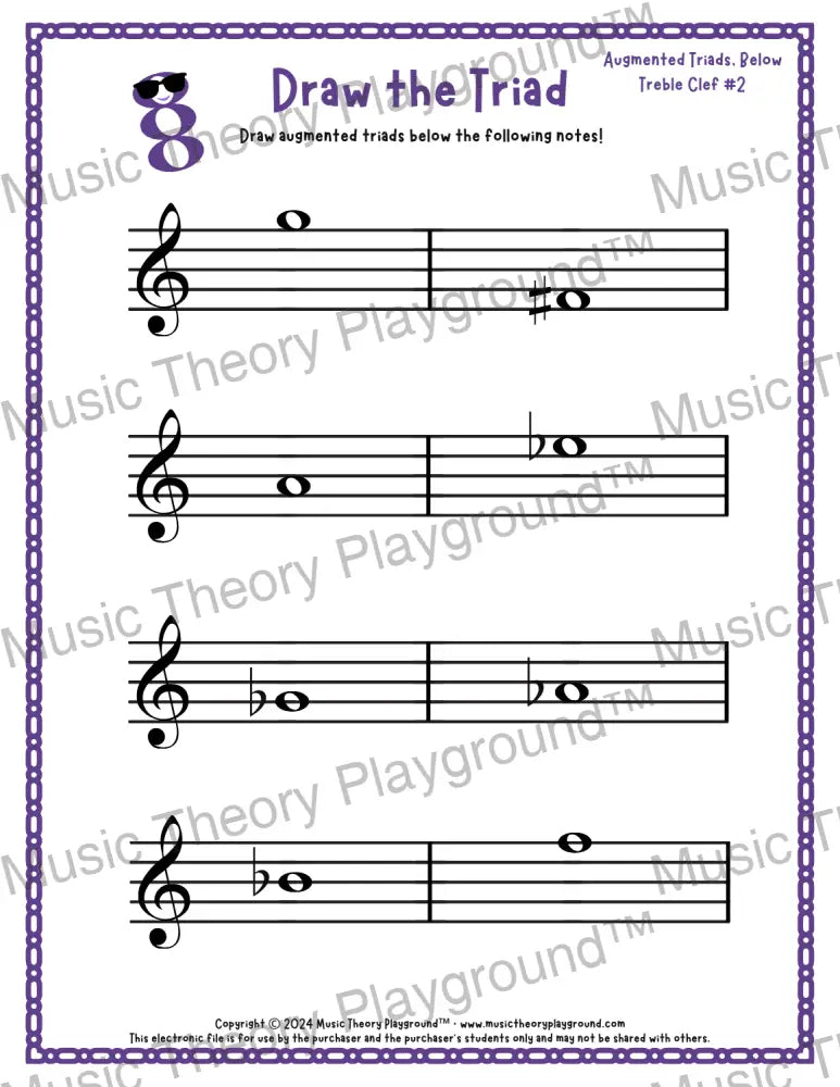 Treble clef augmented triad music worksheet - printable PDF