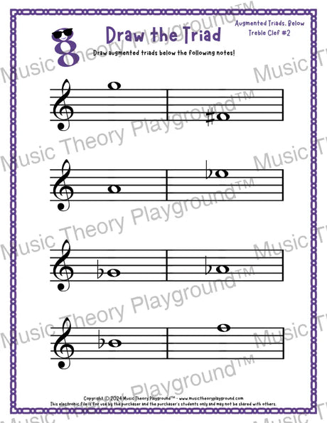Treble clef augmented triad music worksheet - printable PDF