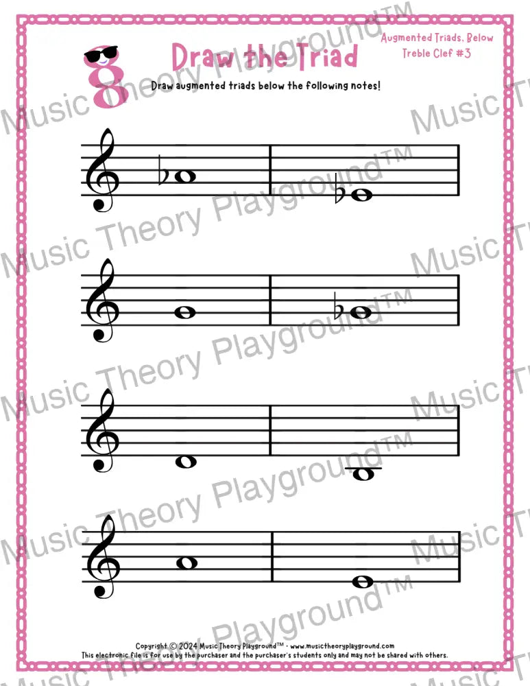 Treble clef augmented triad music worksheet - printable PDF