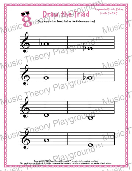 Treble clef augmented triad music worksheet - printable PDF