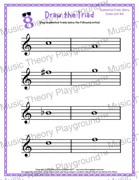 Treble clef augmented triad music worksheet - printable PDF
