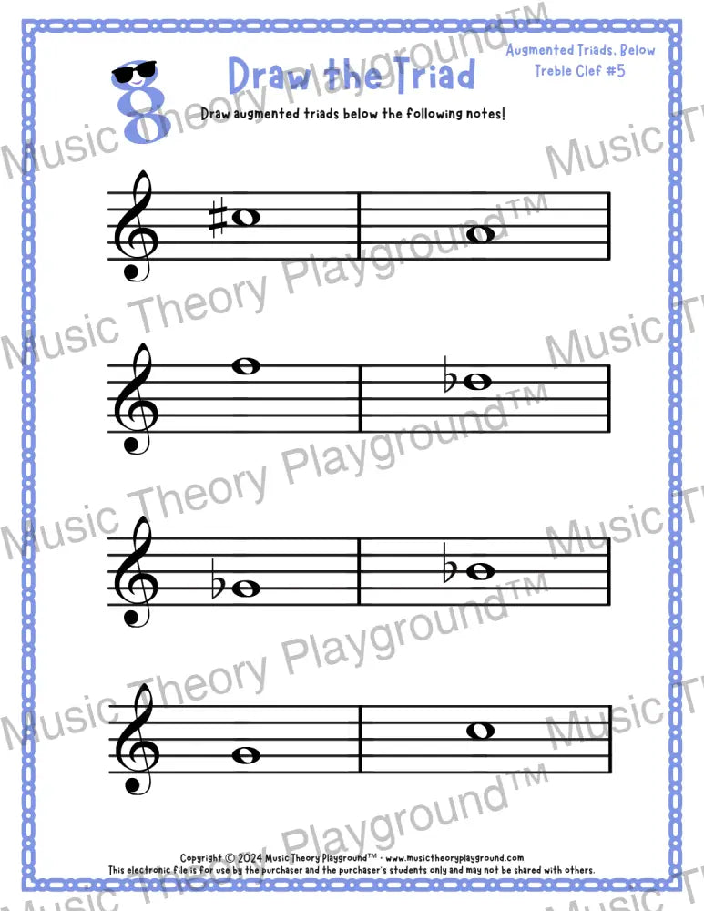 Treble clef augmented triad music worksheet - printable PDF