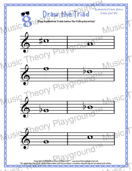 Treble clef augmented triad music worksheet - printable PDF