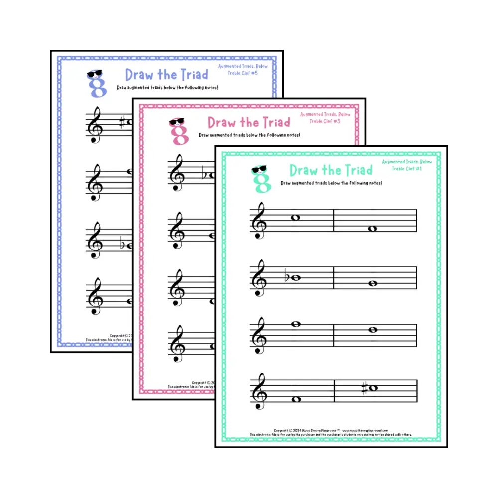 Treble clef augmented triad music worksheets - printable PDFs