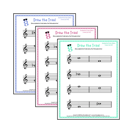 Treble clef augmented triad music worksheets - printable PDFs