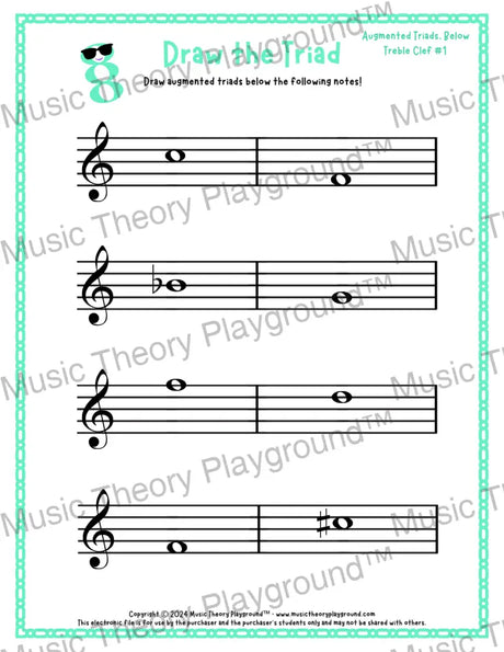 Treble clef augmented triad music worksheet - printable PDF