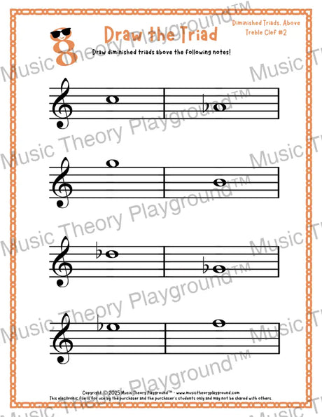 Treble clef diminished triad music worksheet - printable PDF
