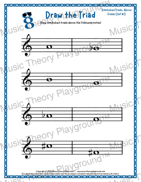 Treble clef diminished triad music worksheet - printable PDF