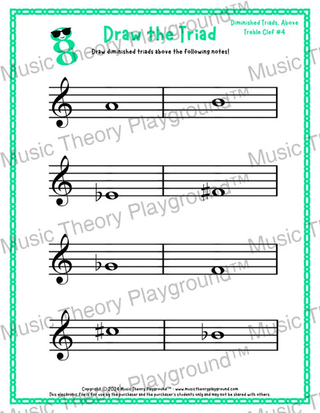 Treble clef diminished triad music worksheet - printable PDF