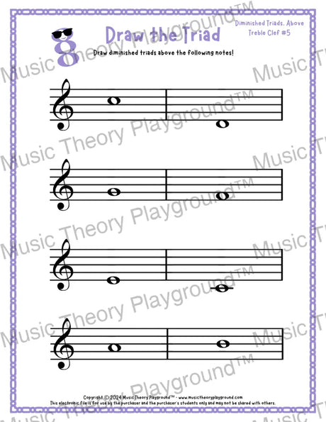 Treble clef diminished triad music worksheet - printable PDF