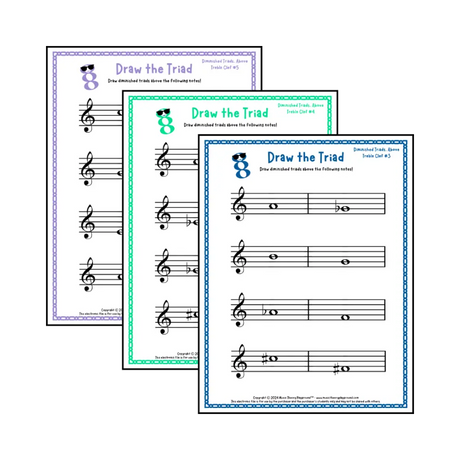 Treble clef diminished triad music worksheets - printable PDFs