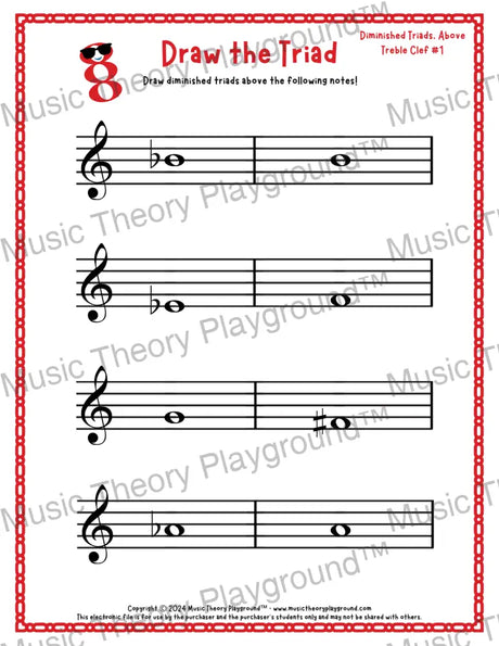 Treble clef diminished triad music worksheet - printable PDF