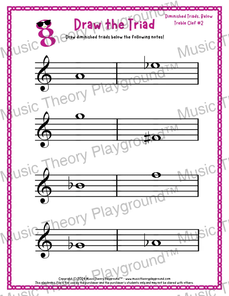 Treble clef diminished triad music worksheet - printable PDF