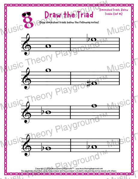 Treble clef diminished triad music worksheet - printable PDF