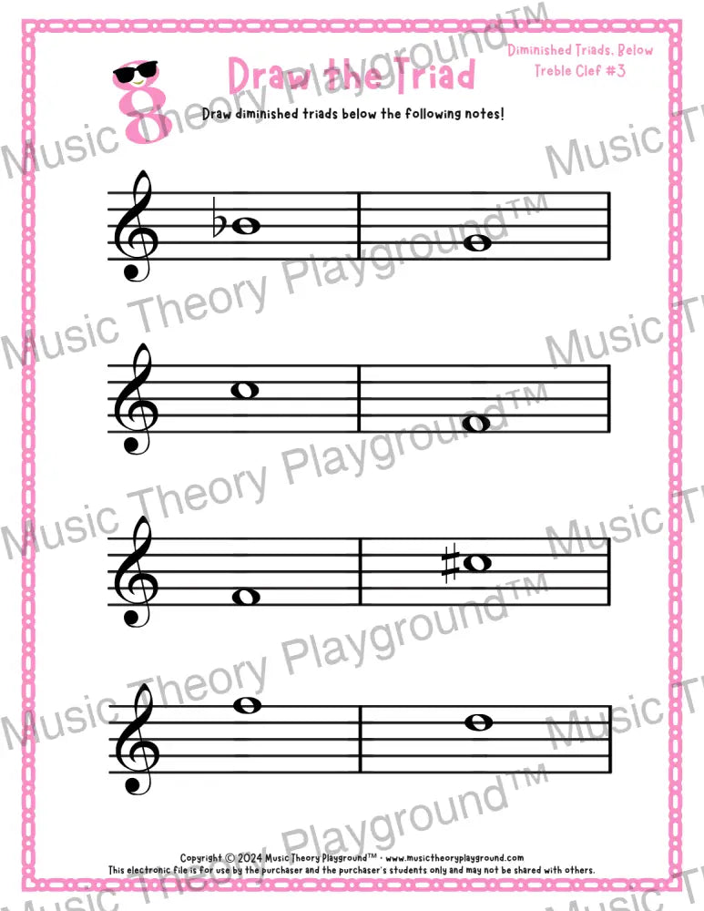 Treble clef diminished triad music worksheet - printable PDF