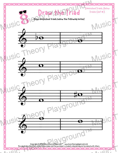 Treble clef diminished triad music worksheet - printable PDF