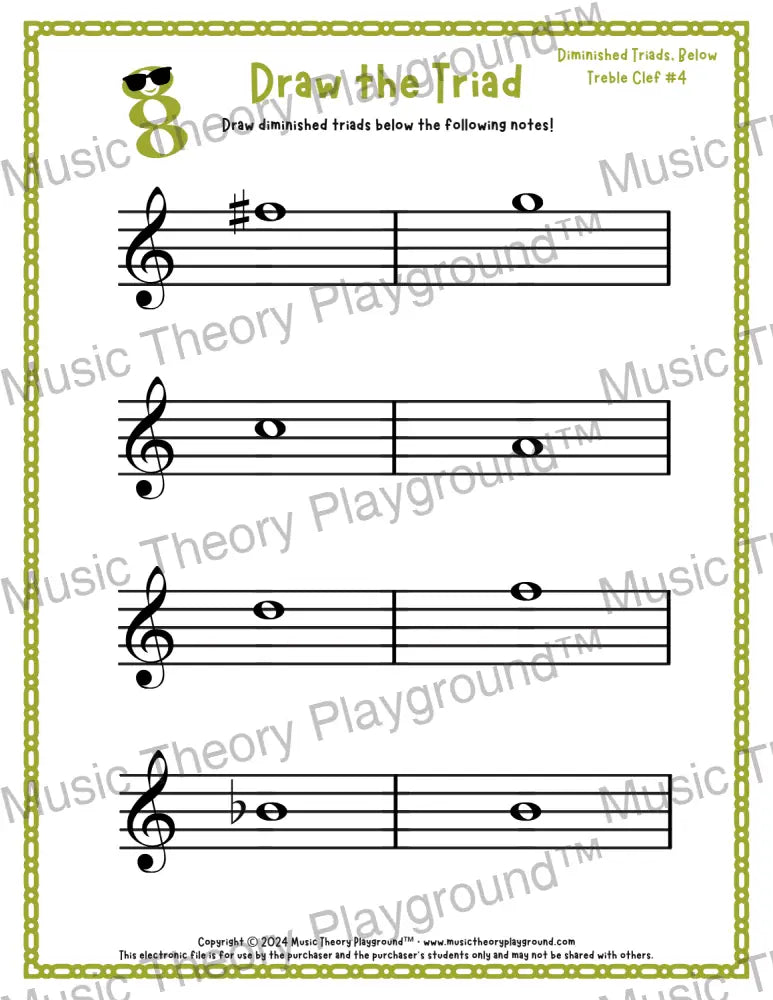 Treble clef diminished triad music worksheet - printable PDF