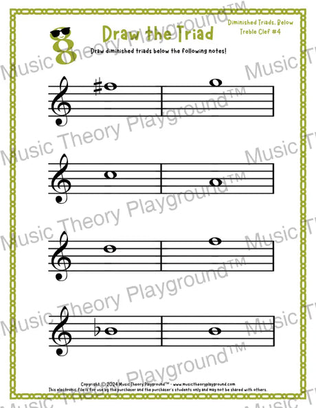 Treble clef diminished triad music worksheet - printable PDF