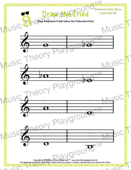 Treble clef diminished triad music worksheet - printable PDF