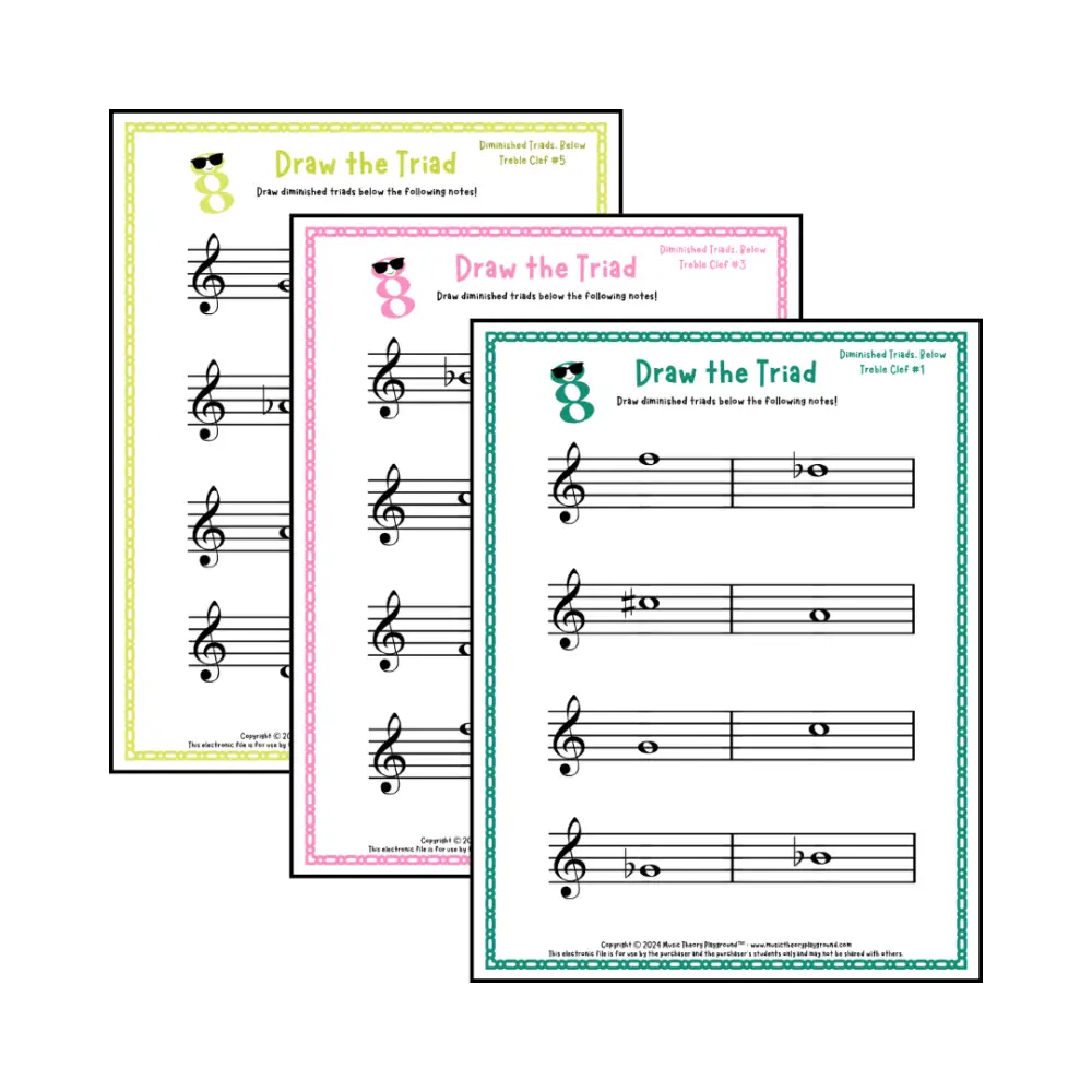 Treble clef diminished triad music worksheets - printable PDFs
