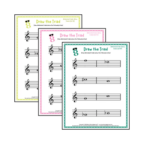 Treble clef diminished triad music worksheets - printable PDFs