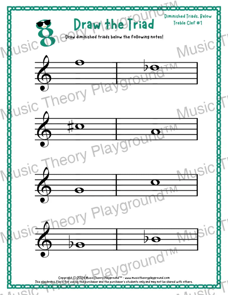 Treble clef diminished triad music worksheet - printable PDF