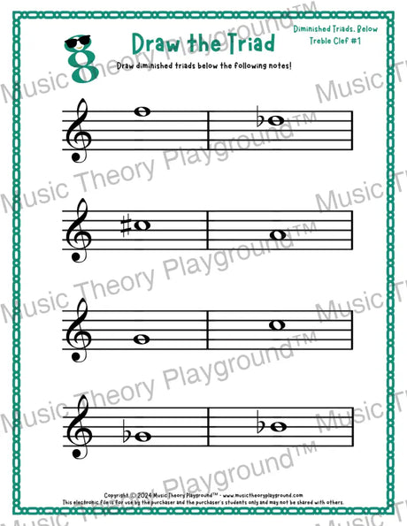 Treble clef diminished triad music worksheet - printable PDF