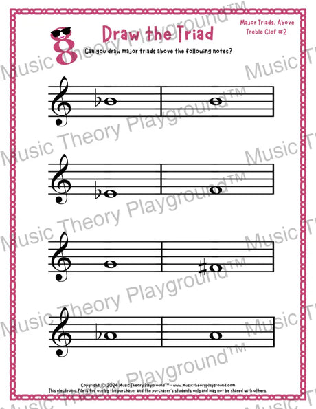 Treble clef major triad music worksheet - printable PDF
