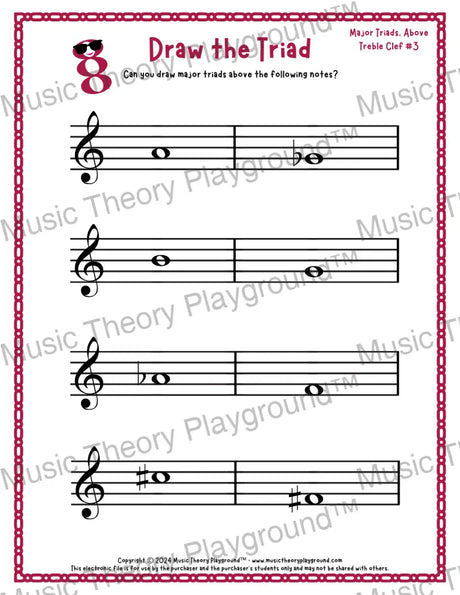 Treble clef major triad music worksheet - printable PDF
