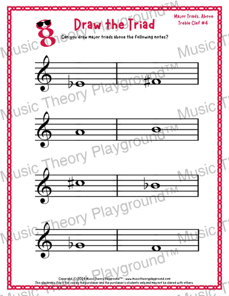 Treble clef major triad music worksheet - printable PDF