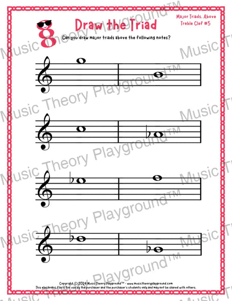 Treble clef major triad music worksheet - printable PDF